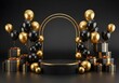 © ARgraphic - Luxurious Black and Gold Celebration Stage with Balloons and Gift Boxes - Elegant Party Decor and Festive Atmosphere