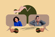 © deagreez - Collage of two people in digital communication inside chat bubbles representing business conversation and messaging