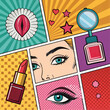 © craftsby.ib - Vibrant beauty pop art style graphic illustration showcasing makeup, eyes, lips, and cosmetic products for modern fashion and beauty industry design projects
