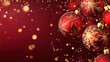 © Tata - Red background with four red Christmas ornaments . Christmas background