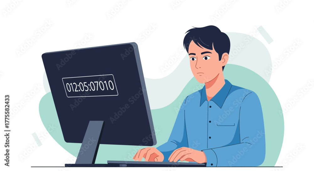 Serious Man Working On Computer Looking At Screen With Digital ...