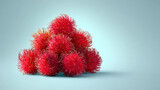 Fresh rambutan fruit pile on a light blue background, studio shot, This vibrant image showcases a pile of fresh rambutans, ready to be enjoyed as a healthy snack or ingredient.