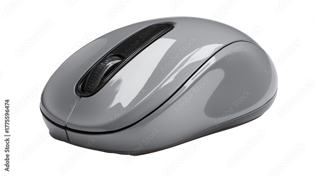 Grey computer mouse with a black button isolated on transparent background