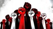 © Ocan - ​A powerful and large-scale illustration depicting a crowd of multiple fists raised high in the air, symbolizing protest, revolution, collective power, and resistance. The fists are stylized using