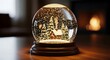 © Hamza - Enchanting christmas snow globe featuring a miniature winter village scene with trees and a deer illuminated by warm indoor light