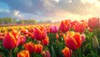 © Gvapi - Field of vibrant tulips blooming under a sunny sky, gentle rain adding a touch of magic