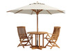 © Adri - Round teak outdoor table and chairs set with a white parasol
