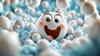 © silver bug - A golf ball with animated eyes and a cheerful smile peeks out from a pile of white golf balls. The image radiates humor, charm, and playful creativity.