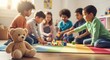 © Jafree - Group of diverse children playing with building blocks on colorful mat indoors. concept of childhood fun, learning, social interaction, creative playtime