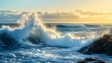 High ocean waves hitting dark coastal rocks at sunrise after powerful storm
