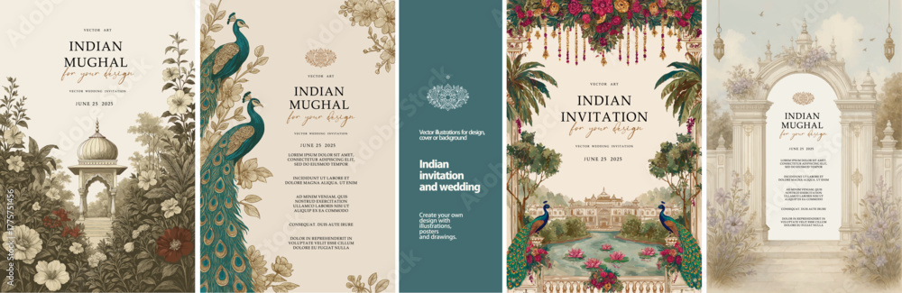 Elegant Indian Mughal wedding invitation set with peacocks, floral ...