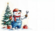 © Natalia - Watercolor vintage illustration of a snowman in an mechanic profession holding a wrench and gift beside a Christmas tree on pure white background, ideal for holiday greetings and festive designs.