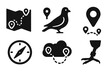 © Sergey - Flight Path Icons. Solid style icons of Flight Path Tracking: Map Lines, Pigeon Symbol, Destination Mark, Loft Point, Compass,