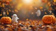 © Barson - Halloween-themed pumpkins and whimsical ghosts scattered in vibrant fall leaves Photo