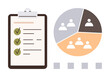 © robu_s - Clipboard with tasks and checkmarks paired with pie chart showing team distribution and data. Ideal for productivity, teamwork, data analysis, organization, planning, workflow, simple flat metaphor
