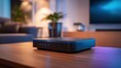 © Generative AI - Modern Set-Top Box on a Wooden Table in a Cozy Living Room with Soft Lighting