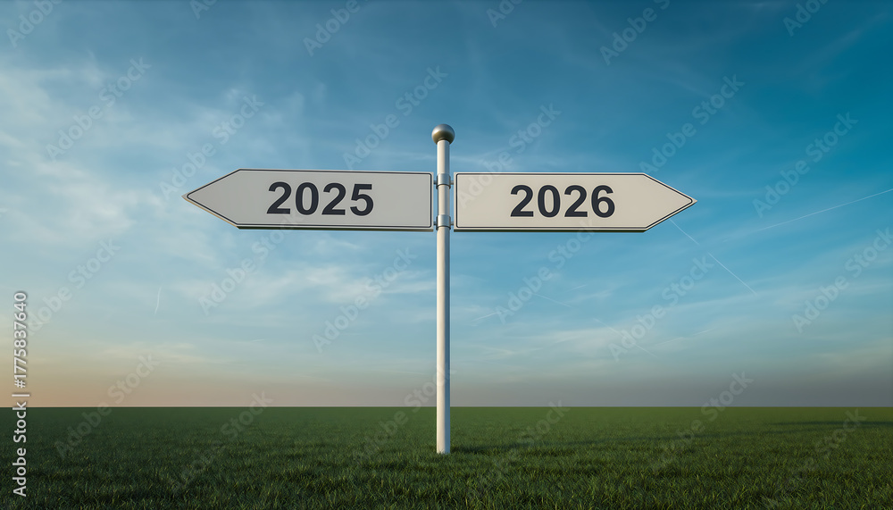 Future Direction Sign Directional road signs pointing towards 2026 and back to 2025 against ...