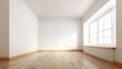 © Generative AI - Bright Empty Room with Wooden Floor and Window, Minimalist Interior Design for Mockups