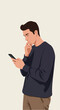 © Siasart - Man In Dark Sweater Using Phone Light Background Minimalist Illustration