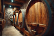 © john - Large wooden barrels in wine cellar, closeup