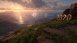 © matoya - Scenic Mountain Sunset with Fireworks and 2020 Year Sign in Natural Landscape