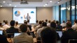 © VistaVisions - Business People Meeting and Working while Business Executive Lead Presenter Speaks to Group of Successful Technology Entrepreneurs. Consultant Advisor. Growth Training Lecture. Defocused Blurred