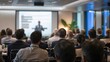 © VistaVisions - Business People Meeting and Working while Business Executive Lead Presenter Speaks to Group of Successful Technology Entrepreneurs. Consultant Advisor. Growth Training Lecture. Defocused Blurred