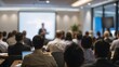 © VistaVisions - Business People Meeting and Working while Business Executive Lead Presenter Speaks to Group of Successful Technology Entrepreneurs. Consultant Advisor. Growth Training Lecture. Defocused Blurred