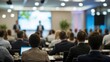 © VistaVisions - Business People Meeting and Working while Business Executive Lead Presenter Speaks to Group of Successful Technology Entrepreneurs. Consultant Advisor. Growth Training Lecture. Defocused Blurred