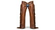© hena - A pair of ornate brown leather chaps with fringe detailing and decorative stitching, worn over denim jeans.