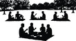 © Md - Silhouette group of friends having picnic outdoors, relaxing on grass with food and drinks, leisure lifestyle illustration in nature park