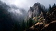 © Thares2020 - Misty mountainous gorge featuring rugged weathered cliffs and dense evergreen forests under atmospheric cloudy skies