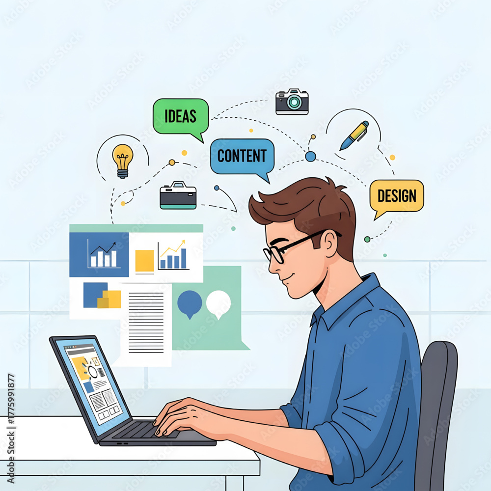 Vector image of a writer combining text with visual elements to create ...