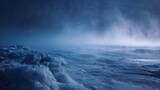 A stormy icy landscape at night under a starlit sky with atmospheric fog and mist rolling over frozen terrain