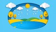 © Tri - Abstract flat design rainy lake scene with trees, hills, clouds, and sun, all framed within an oval cut-out