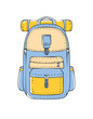 © YUMINA - Doodle Travel Backpack Subject with Hand-Sketched Zipper Pockets Patched Badges and Rolled Sleeping Mat in Three-Quarter View