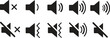 © Muhammad - Volume Icon set. Loudspeaker Mute and unmute volume sound flat vector icons for video apps and websites. Speaker volume icon -audio voice sound symbol media music. Simple black line flat glyph vector.