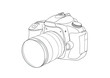 © Nur - Detailed line art illustration of a modern digital camera with a prominent lens, depicted from a three-quarter perspective.