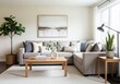 © Pure Pro Stock - Cozy living room with a gray sectional sofa, wooden coffee table, and a large abstract painting creating a warm atmosphere