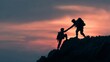 © imagemir - Two male soldiers assist each other while climbing a rocky mountain at sunset, showcasing bravery and teamwork.