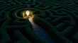 © john - A glowing lightbulb sits at the center of a sprawling, green maze, symbolizing an idea or solution within a complex problem