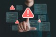© Din Nasahrudin - System warning alert on virtual interface with hand interaction. Concept of cybersecurity risk, data breach, malware, hacking, IT failure, and digital system vulnerability in modern technology.