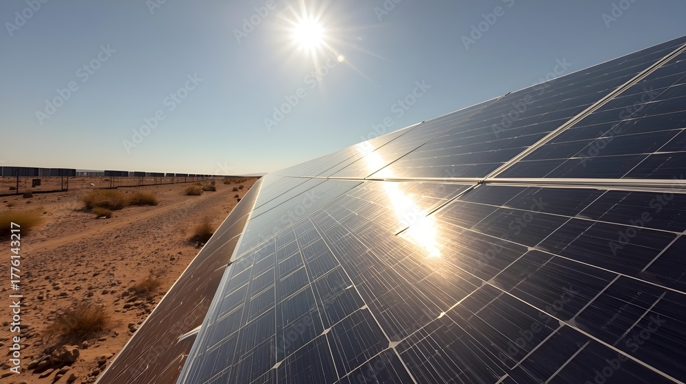 Solar panels installed in a vast desert field under a clear blue sky ...