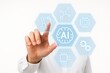 © diproduction - Hand interacting with futuristic AI interface featuring icons of robotics, neural networks, and microchips on hexagonal panels over white background. Ai generative