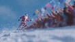 © fotogurme - Jolly Santa skiing through powder with vibrant flags, festive avalanche welcome, Yule masquerade meets whimsical winter solstice celebration