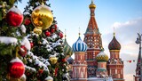 Festive snow-covered tree with ornaments and colorful patterned cathedral domes against a bright blue and cloudy sky