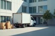 © Vadym - White delivery van parked outside modern building. Cardboard boxes stacked on pallets nearby. Clean urban scene with tree, gray building facade. Logistics, shipping operation. Packages ready for