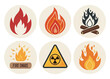 © Kazal - Fire flame icon set of 6. Vector fire symbols. Hot burn bonfire element. Danger warning sign. Campfire heat logo. Energy power symbol. Isolated vector illustration isolated on white background 2