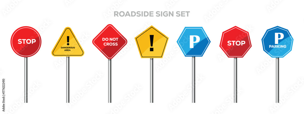 Vector de Stock Set of road sign. Stop, parking, warning traffic signs ...