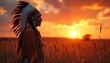 © Vadym - Native american chief stands in field during sunset. Tribal leader in traditional headdress looks into distance. Indigenous man shows heritage, culture against warm sun landscape. Majestic warrior